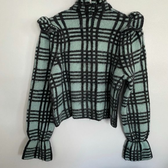 ZARA wool mohair sweater NWT green black S ruffle shoulder soft - Picture 9 of 13